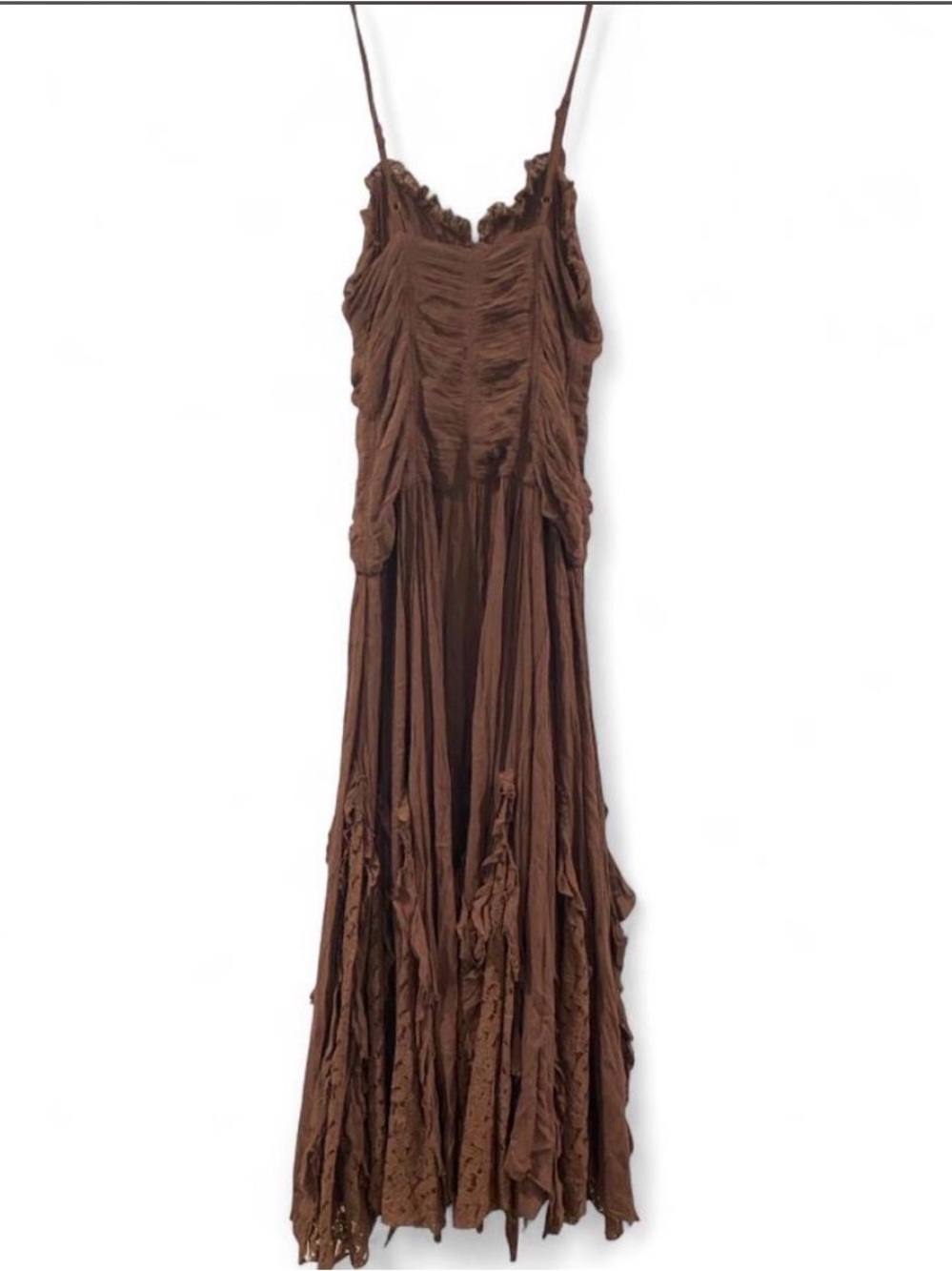 Free People Brown Ruched Maxi Dress with Spaghetti Straps π€ - Picture 3 of 5